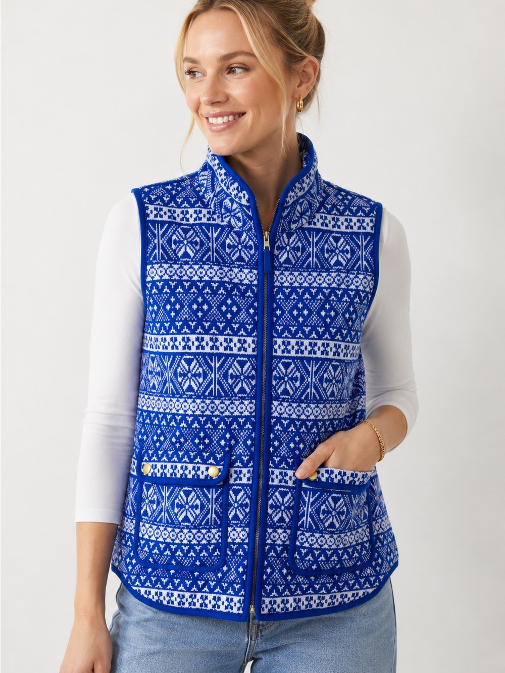 J. Crew Womens Nordic Blue & White Puffer Vest W/ Front Pockets Size M